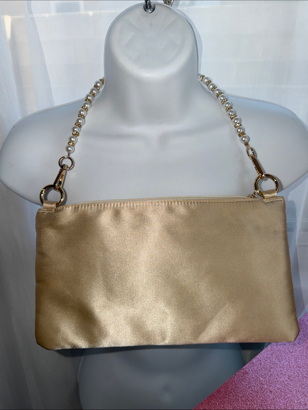Unlisted Gold Satin Clutch with Pearl Strap